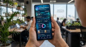 Person holding smartphone with analytics